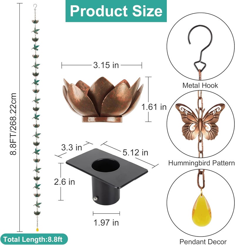 shumi 8.8ft Rain Chain for Gutters Downspouts Outside,Butterfly Rain Chain with 12 Copper Lotus Rain Chain Cups,Functional and Decorative Replacement for Gutter Downspouts - Image 3